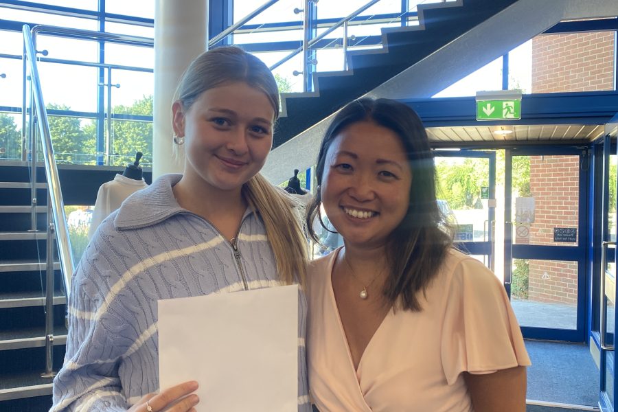 Northampton High School for Girls A Level Results Day of Student with Headteacher Dr Lee